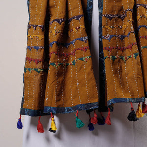 Brown - Kutch Tagai Work Ajrakh Border Cotton Stole with Tassels