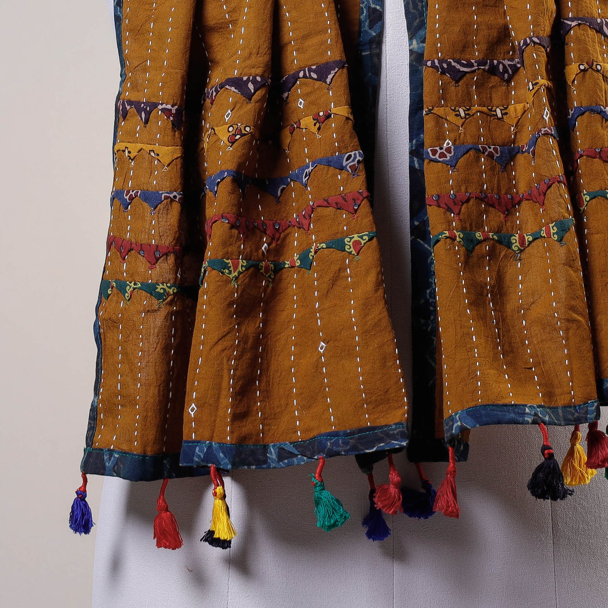 Brown - Kutch Tagai Work Ajrakh Border Cotton Stole with Tassels