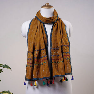 Brown - Kutch Tagai Work Ajrakh Border Cotton Stole with Tassels
