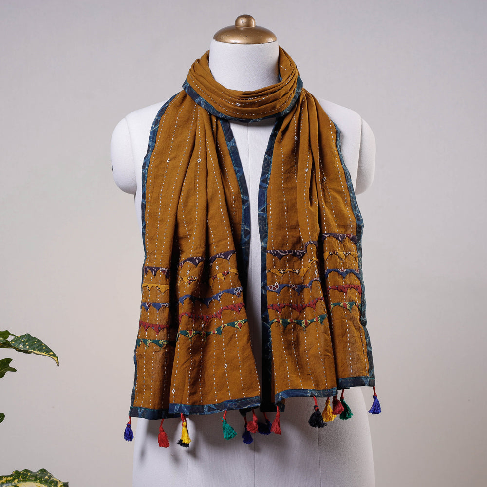 Brown - Kutch Tagai Work Ajrakh Border Cotton Stole with Tassels
