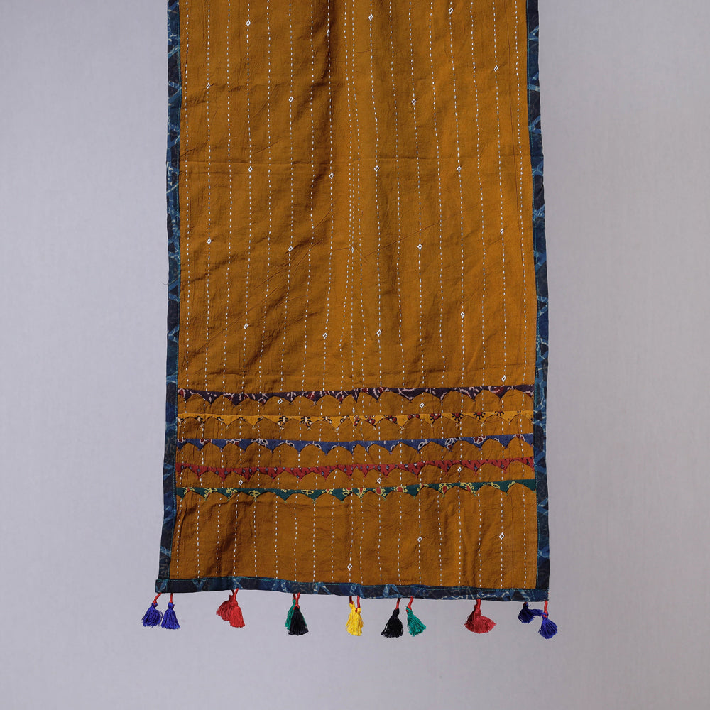 Brown - Kutch Tagai Work Ajrakh Border Cotton Stole with Tassels