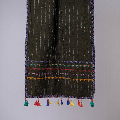 Brown - Kutch Tagai Work Ajrakh Border Cotton Stole with Tassels