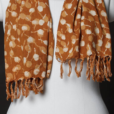 Brown - Hand Block Printing Kantha Stitch Cotton Stole with Tassels