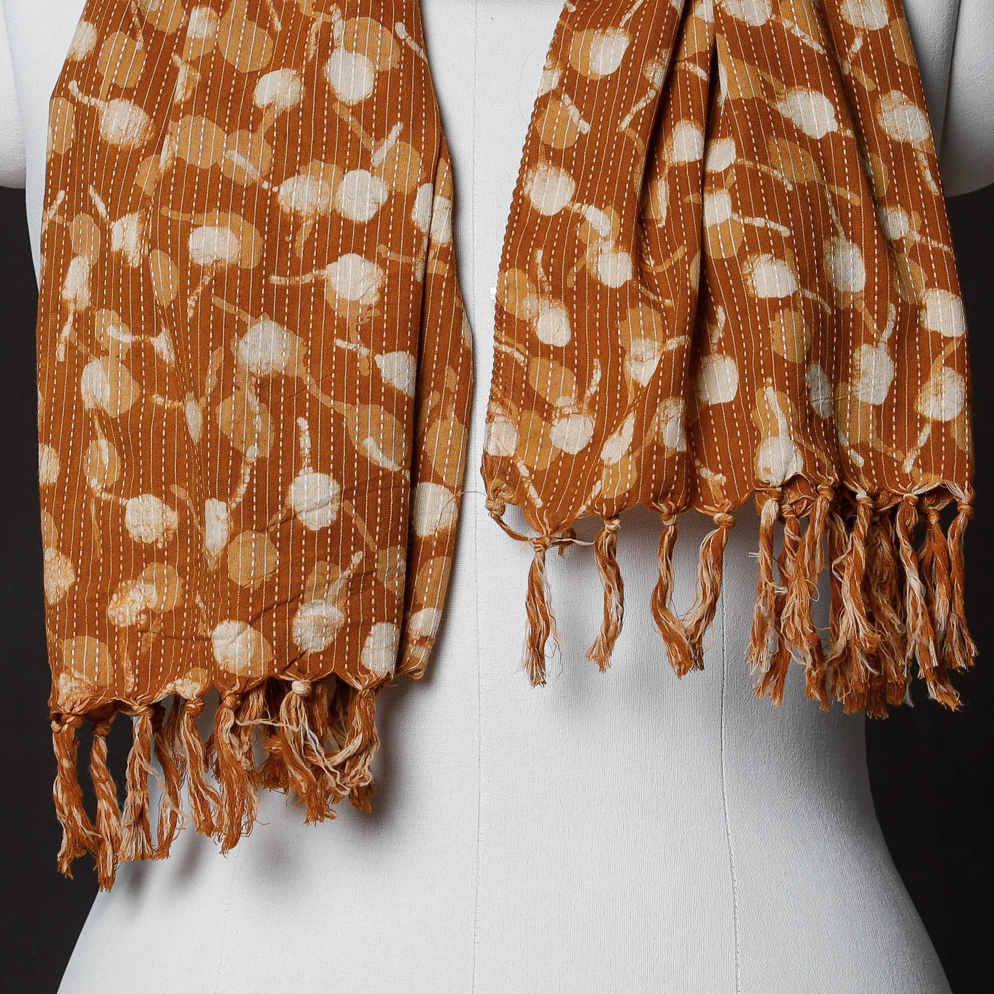 Brown - Hand Block Printing Kantha Stitch Cotton Stole with Tassels