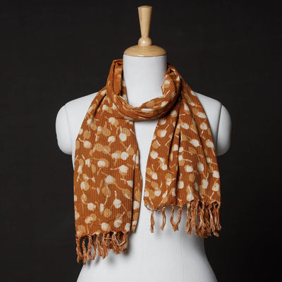 Brown - Hand Block Printing Kantha Stitch Cotton Stole with Tassels