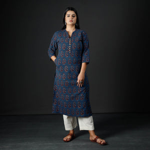 Blue - Ajrakh Block Printing Cotton Long Straight Kurta