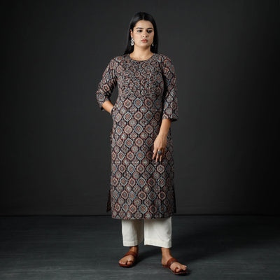Black - Ajrakh Block Printed Cotton Pintuck Straight Kurta 06