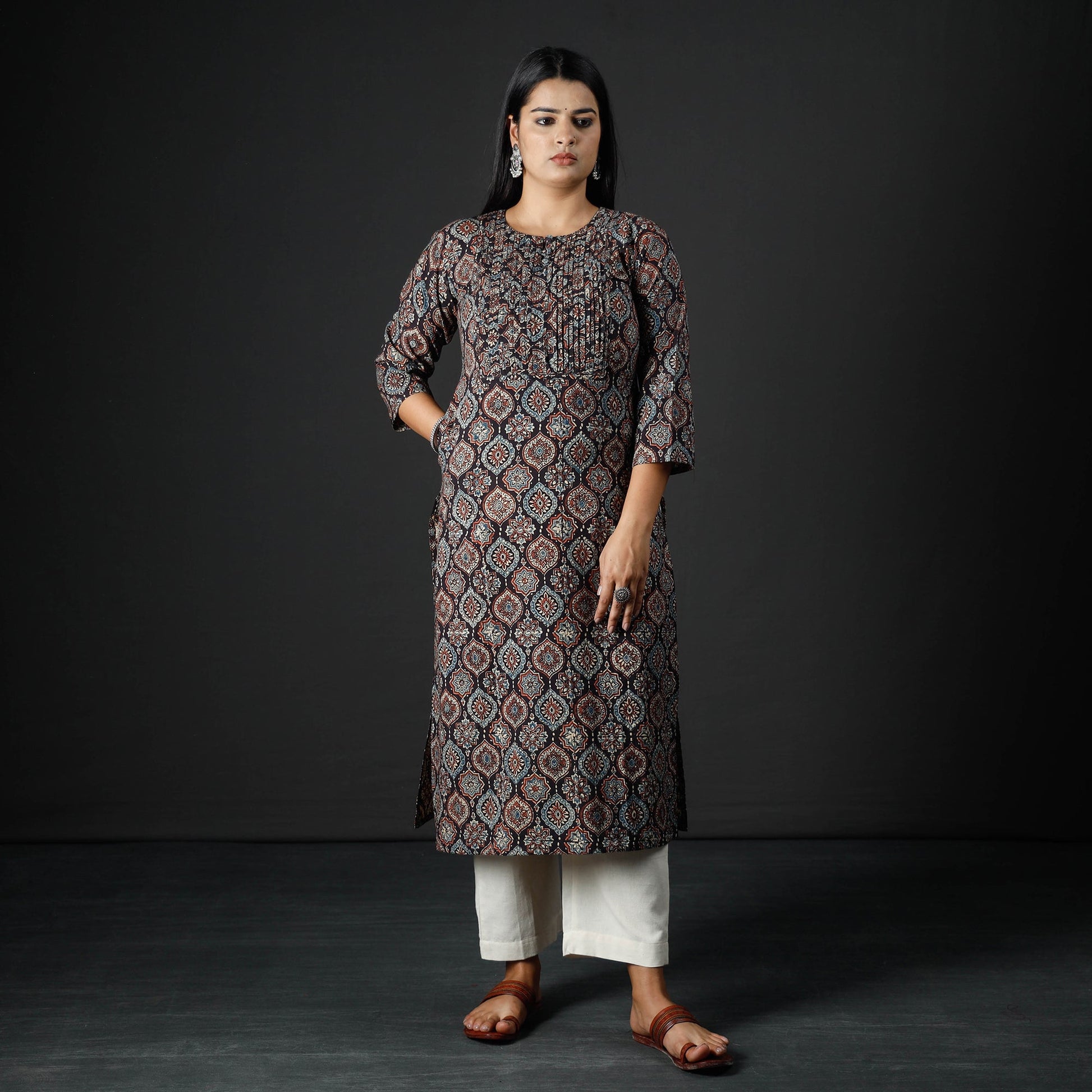 Black - Ajrakh Block Printed Cotton Pintuck Straight Kurta 06