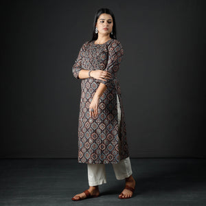 Black - Ajrakh Block Printed Cotton Pintuck Straight Kurta 06
