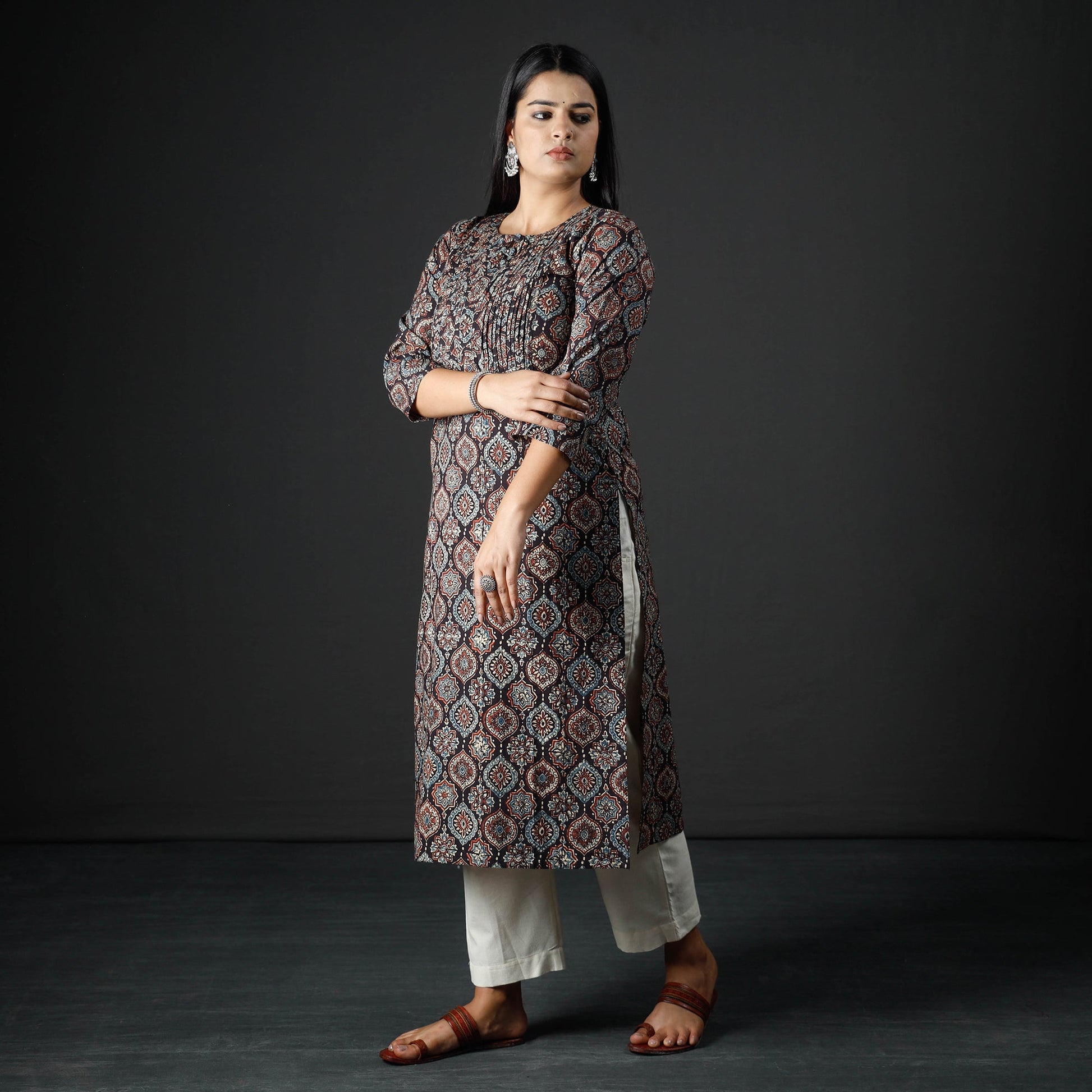 Black - Ajrakh Block Printed Cotton Pintuck Straight Kurta 06