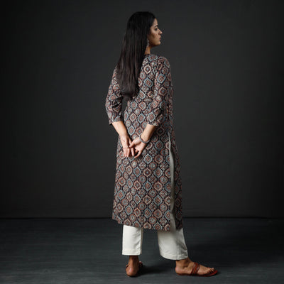 Black - Ajrakh Block Printed Cotton Pintuck Straight Kurta 06