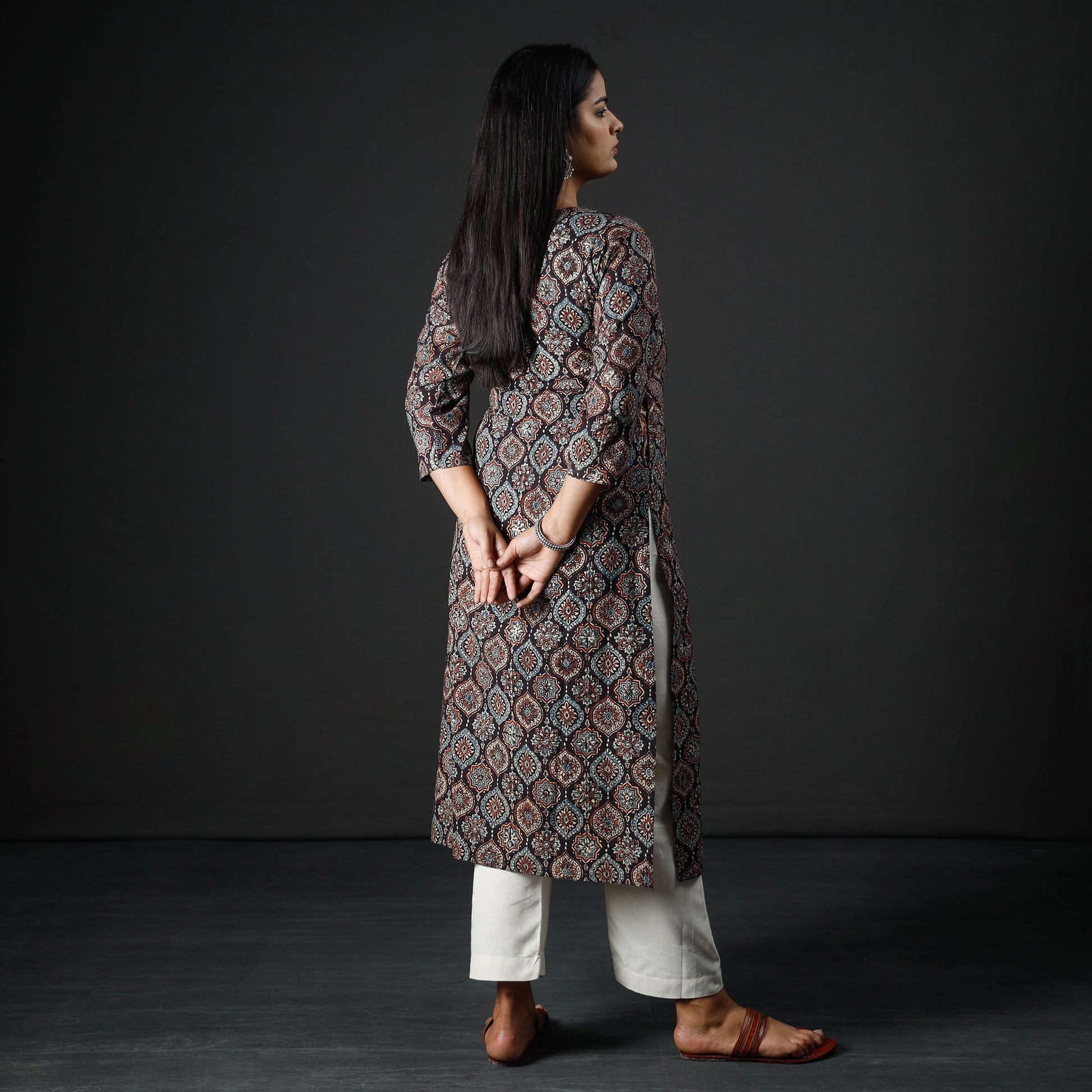 Black - Ajrakh Block Printed Cotton Pintuck Straight Kurta 06