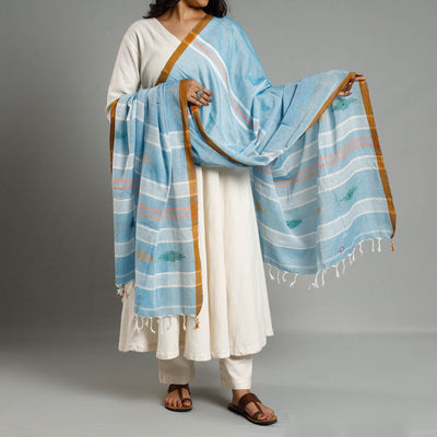 Blue - Assam Weave Handloom Cotton Thread Buti Dupatta with Tassels