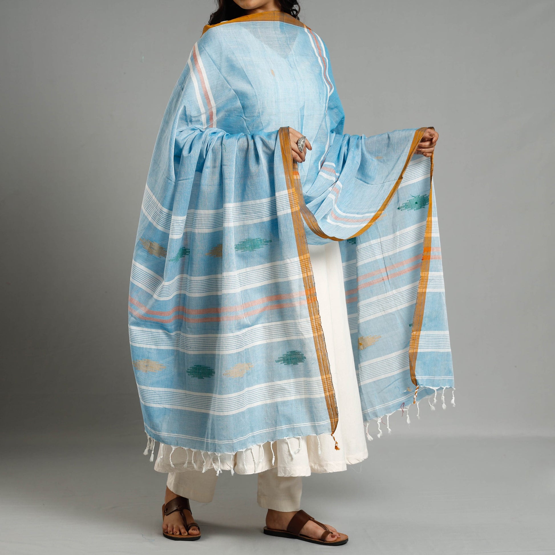 Blue - Assam Weave Handloom Cotton Thread Buti Dupatta with Tassels