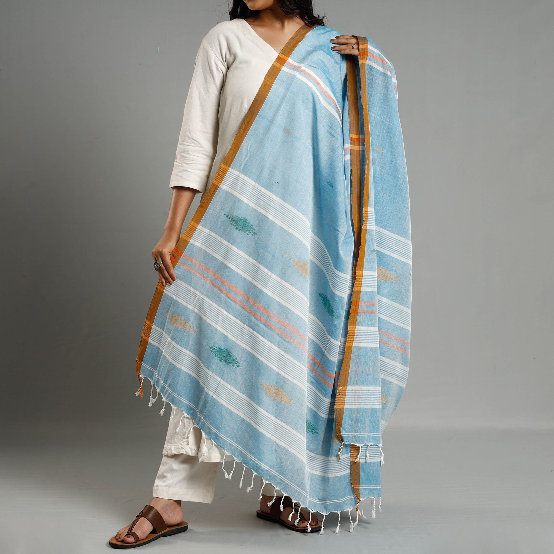 Blue - Assam Weave Handloom Cotton Thread Buti Dupatta with Tassels