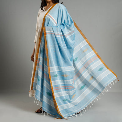 Blue - Assam Weave Handloom Cotton Thread Buti Dupatta with Tassels