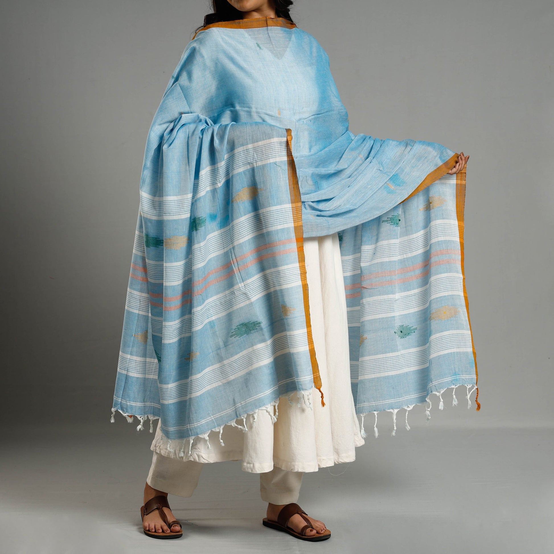 Blue - Assam Weave Handloom Cotton Thread Buti Dupatta with Tassels