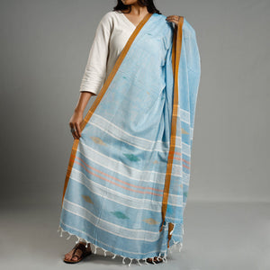 Blue - Assam Weave Handloom Cotton Thread Buti Dupatta with Tassels