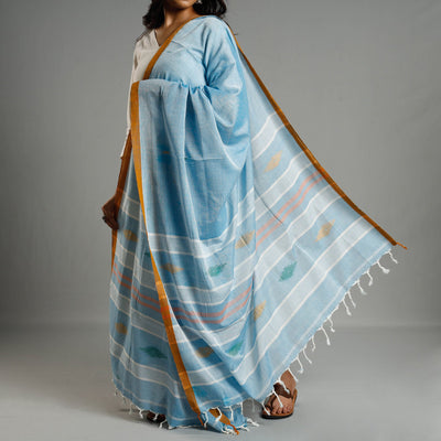 Blue - Assam Weave Handloom Cotton Thread Buti Dupatta with Tassels