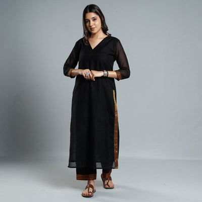 Black - Dharwad Cotton Kurta with Palazzo & Dupatta Set