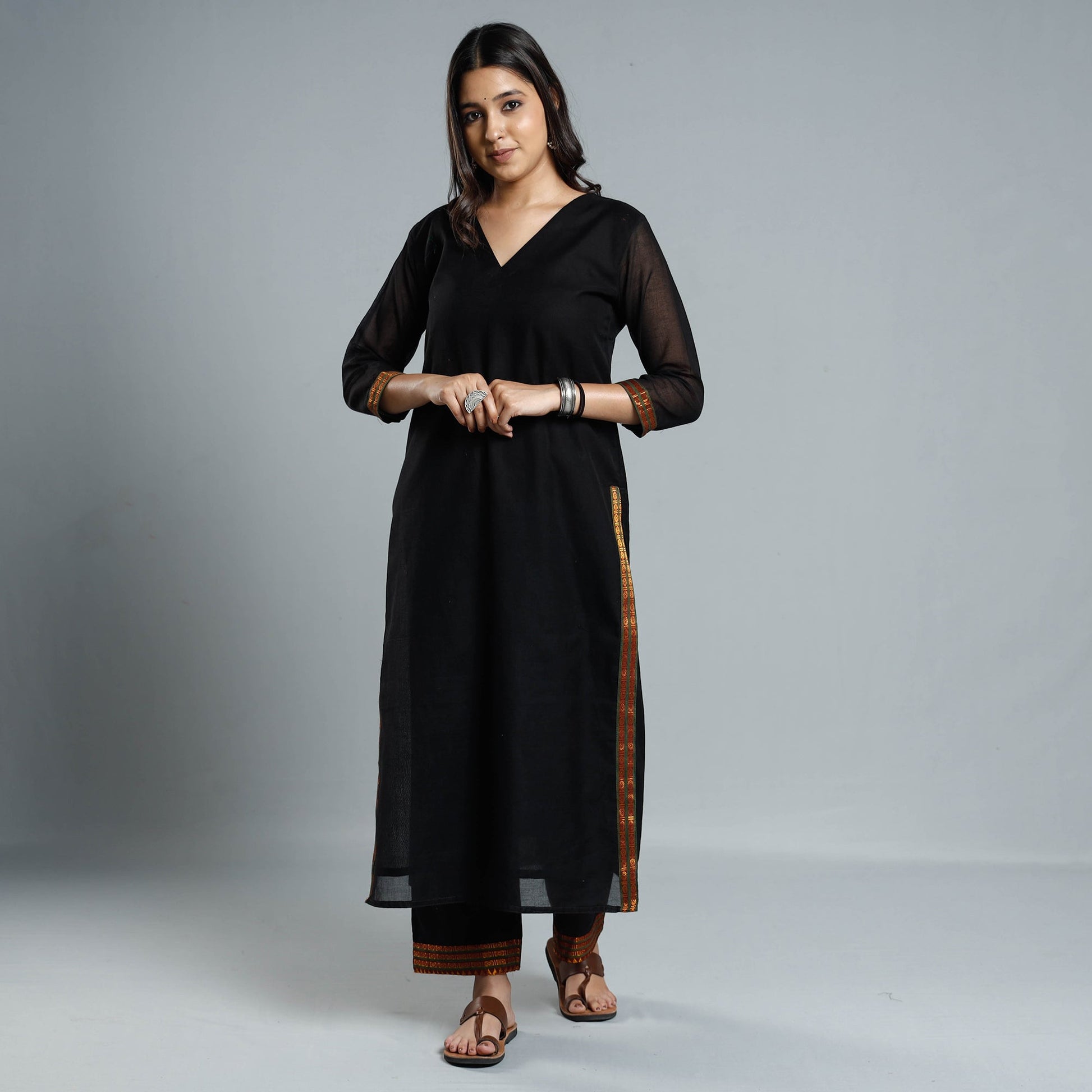 Black - Dharwad Cotton Kurta with Palazzo & Dupatta Set