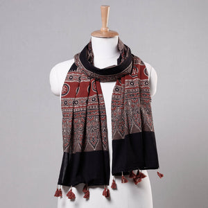 Black - Ajrakh Block Printed Mul Cotton Stole with Tassels