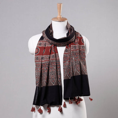 Black - Ajrakh Block Printed Mul Cotton Stole with Tassels