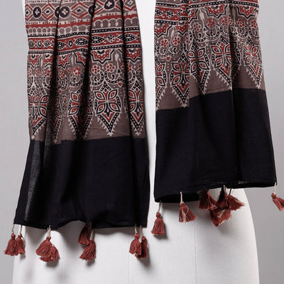 Black - Ajrakh Block Printed Mul Cotton Stole with Tassels