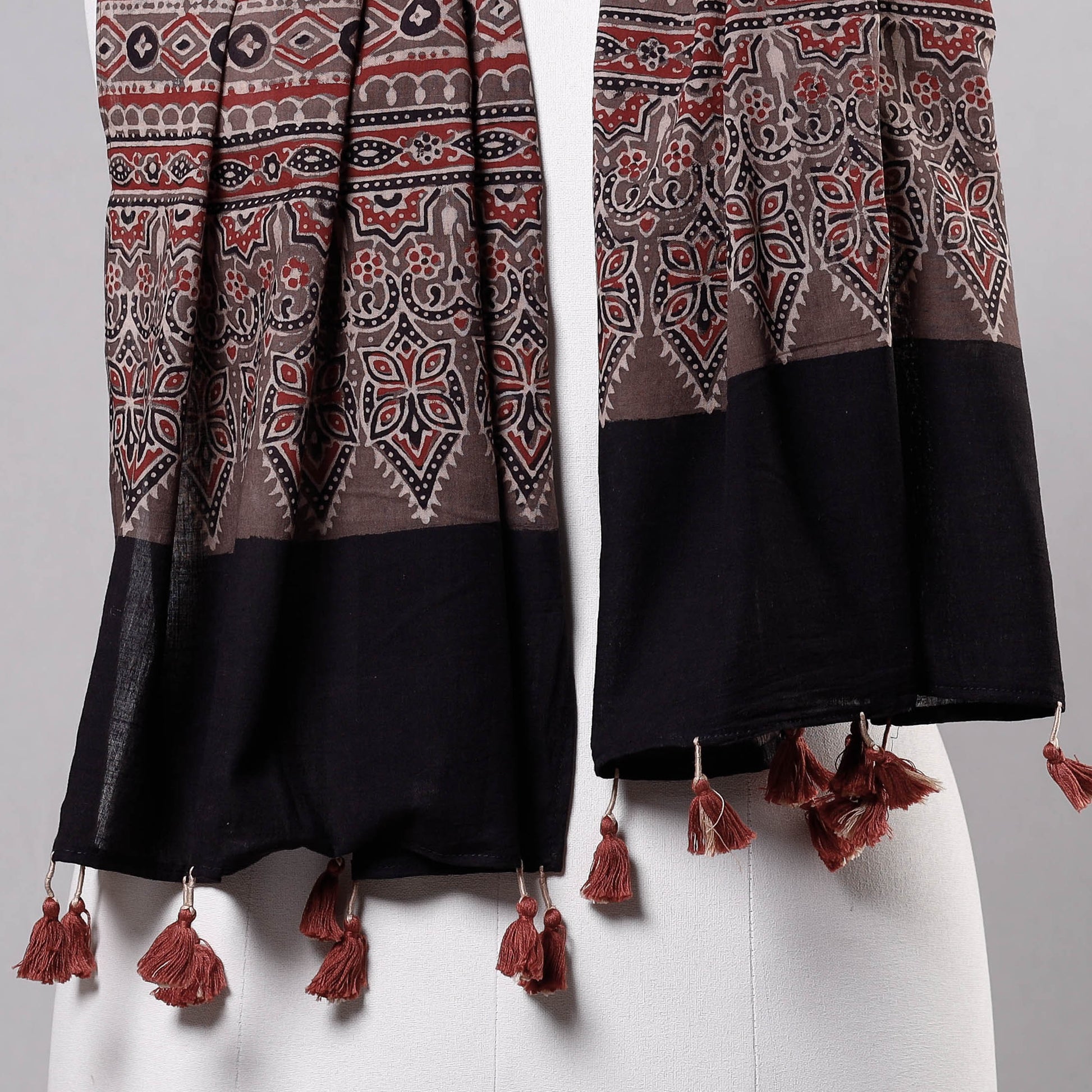 Black - Ajrakh Block Printed Mul Cotton Stole with Tassels