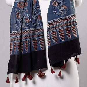 Blue - Ajrakh Block Printed Mul Cotton Stole with Tassels