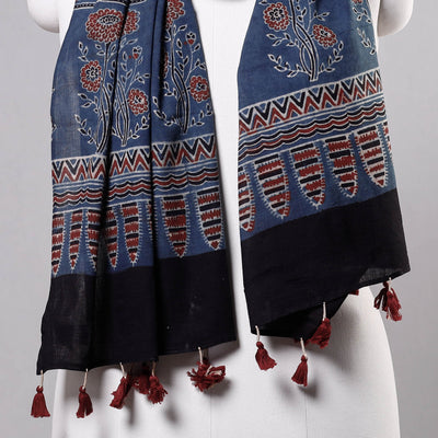 Blue - Ajrakh Block Printed Mul Cotton Stole with Tassels