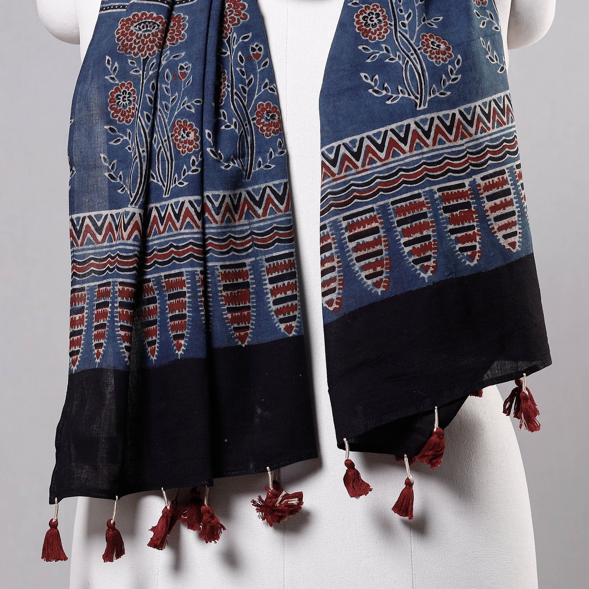 Blue - Ajrakh Block Printed Mul Cotton Stole with Tassels