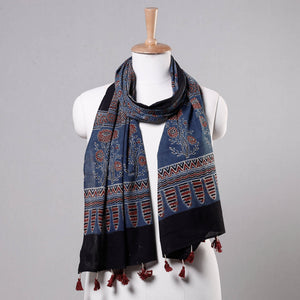 Blue - Ajrakh Block Printed Mul Cotton Stole with Tassels