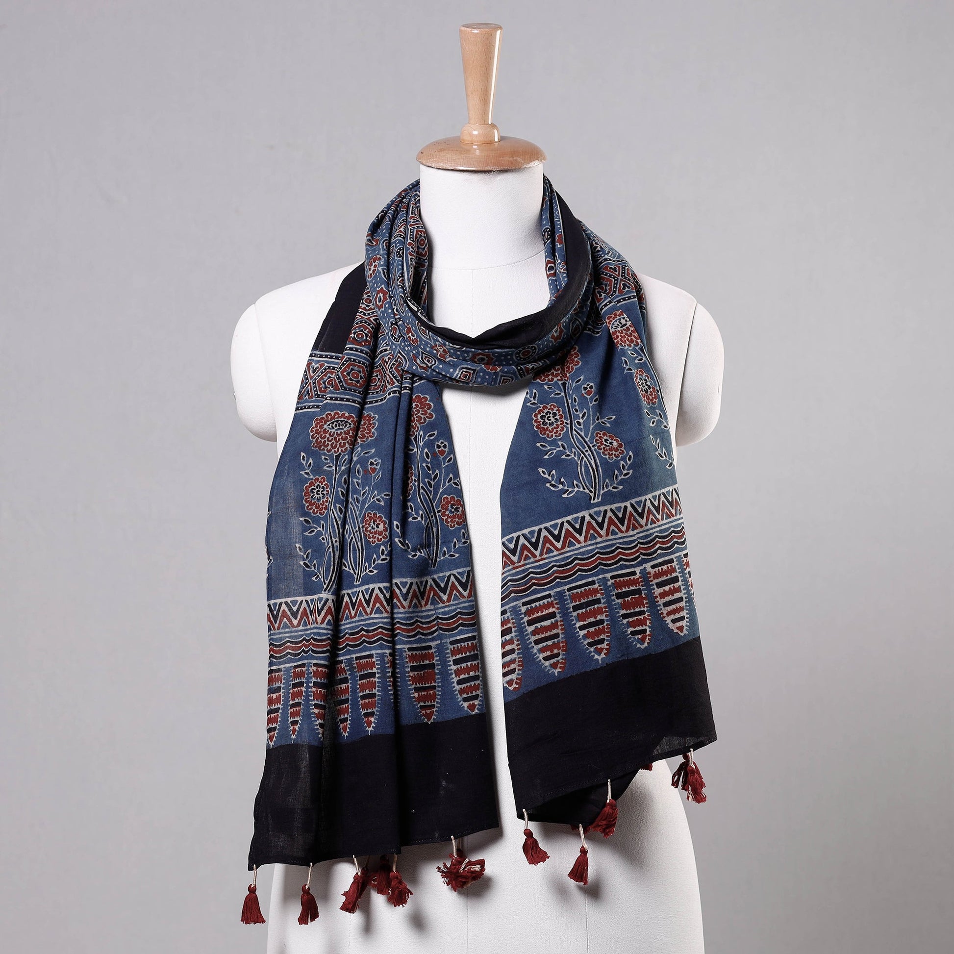 Blue - Ajrakh Block Printed Mul Cotton Stole with Tassels