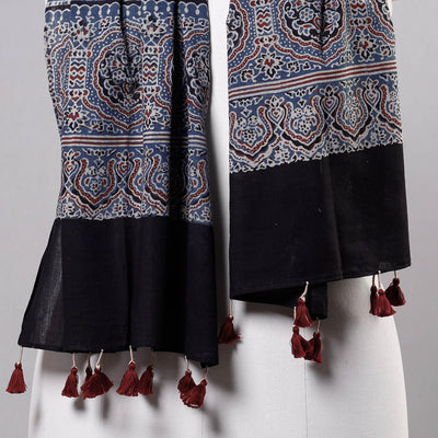 Blue - Ajrakh Block Printed Mul Cotton Stole with Tassels