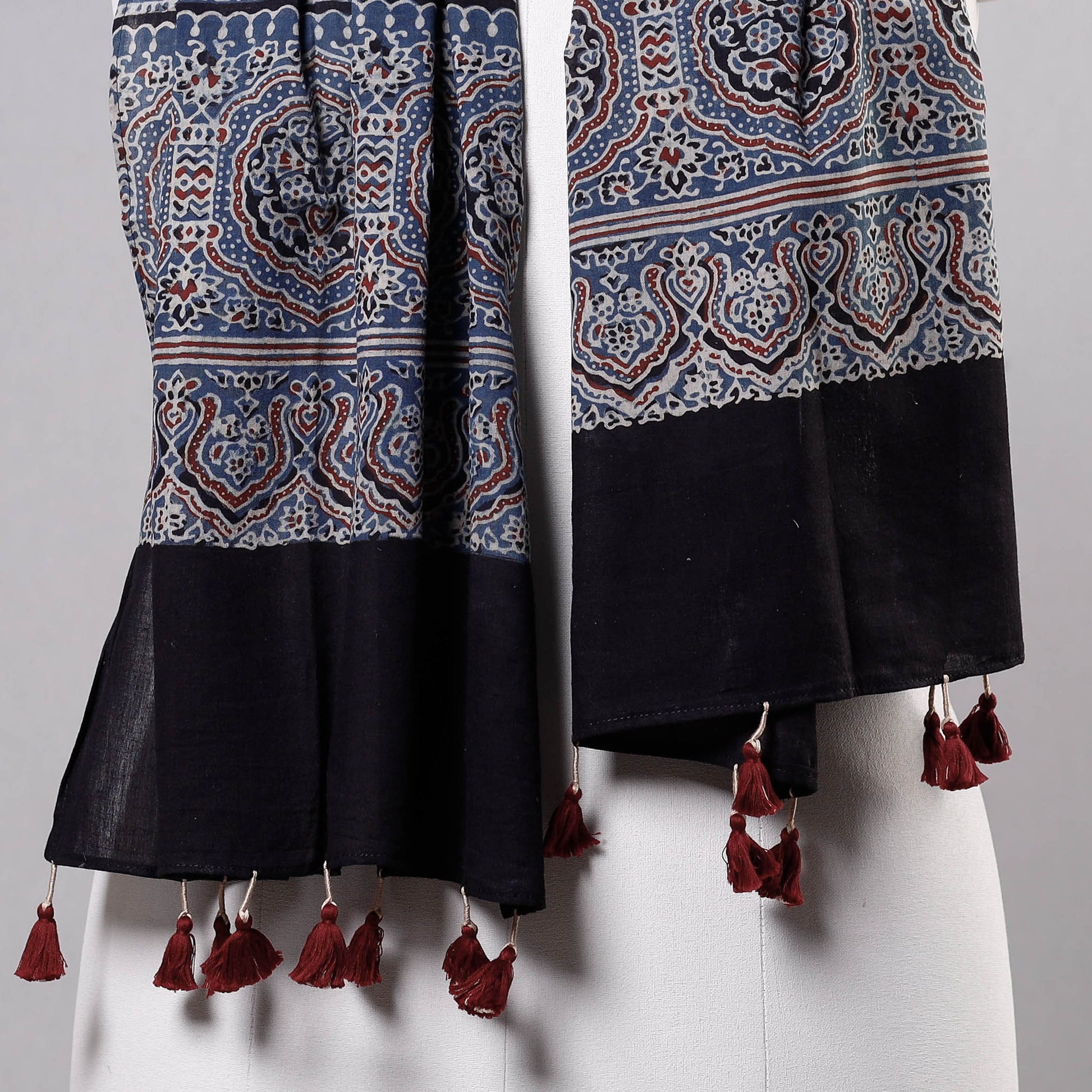 Blue - Ajrakh Block Printed Mul Cotton Stole with Tassels