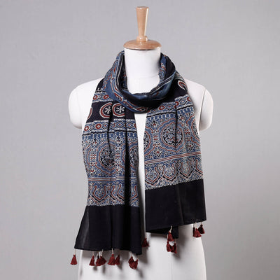 Blue - Ajrakh Block Printed Mul Cotton Stole with Tassels
