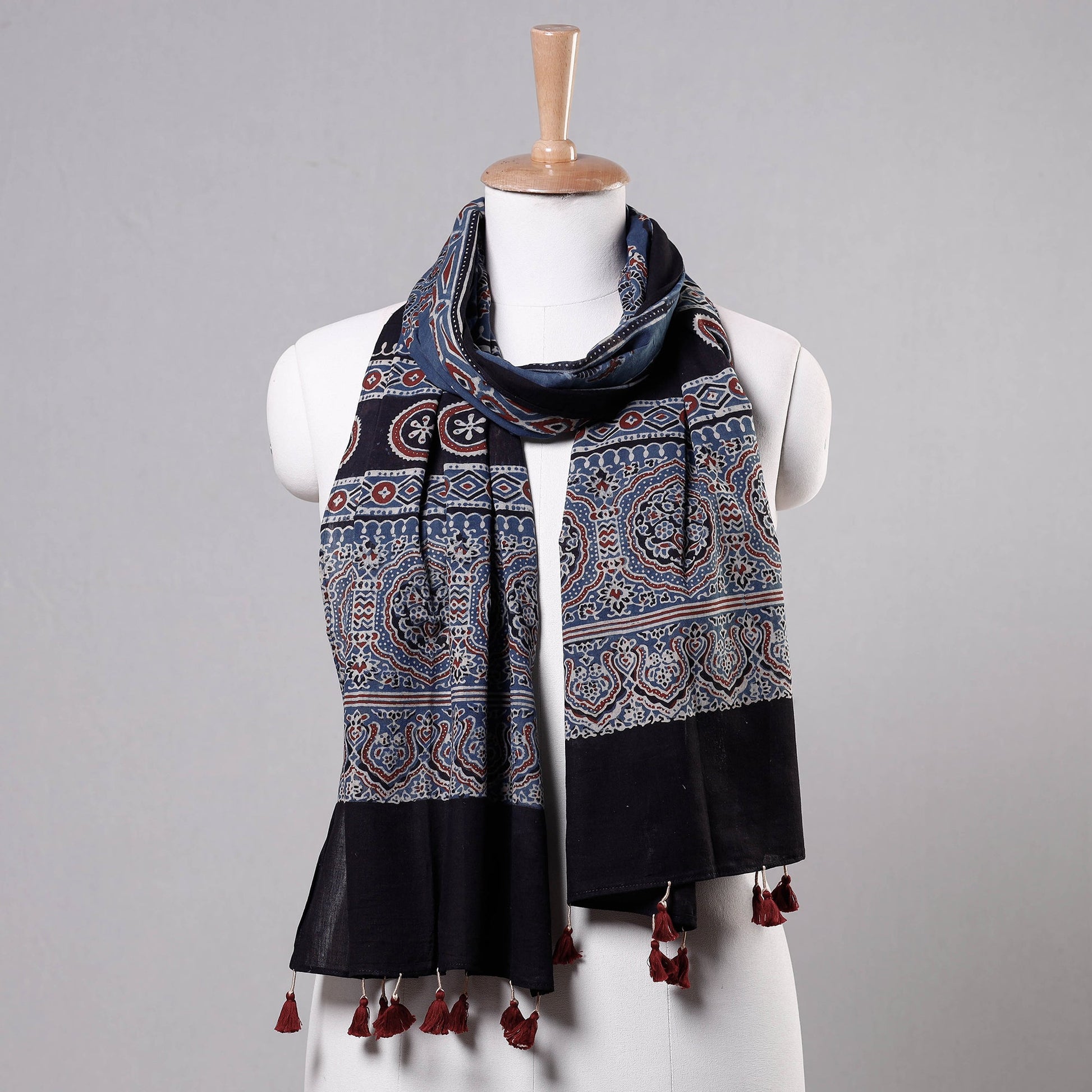 Blue - Ajrakh Block Printed Mul Cotton Stole with Tassels