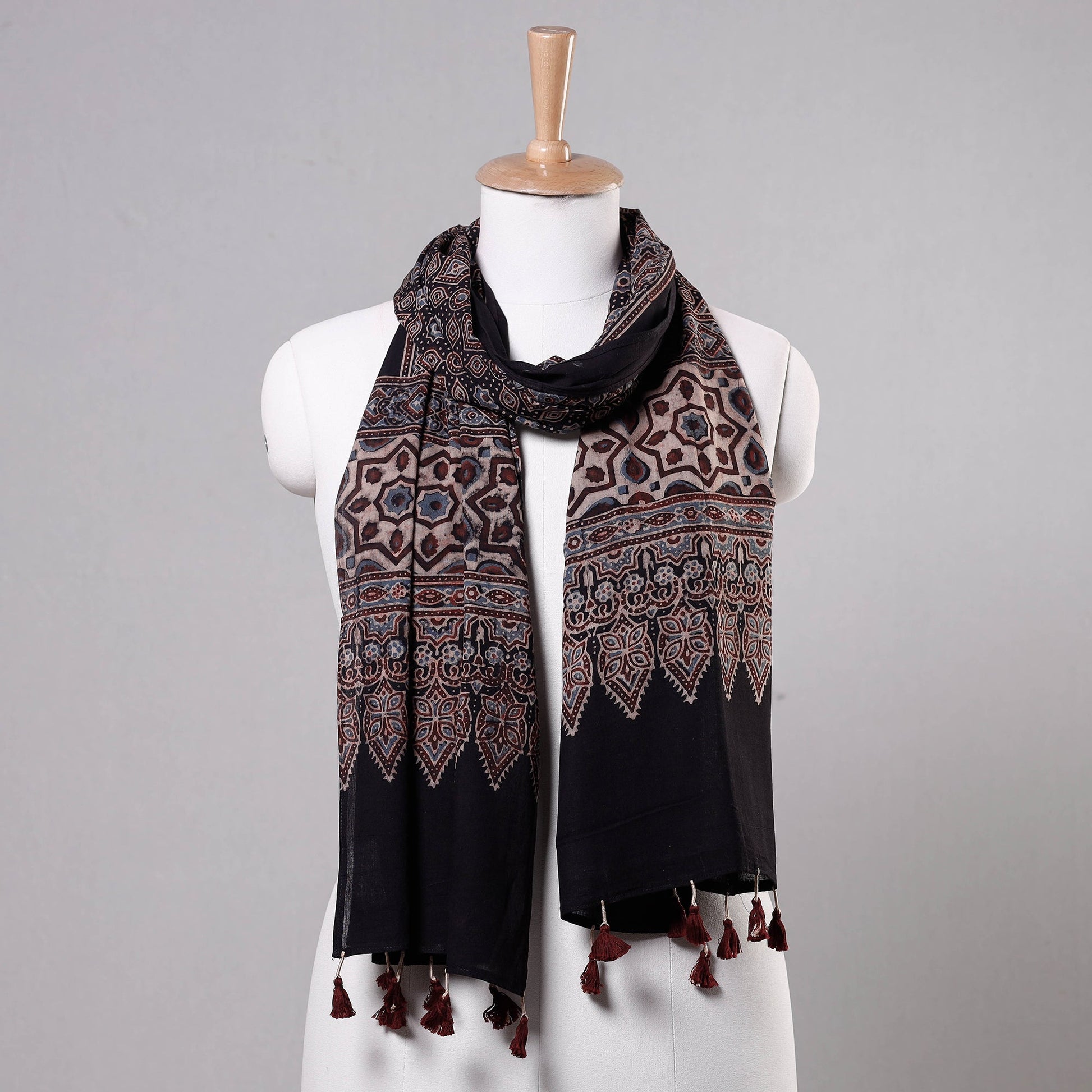 Black - Ajrakh Block Printed Mul Cotton Stole with Tassels