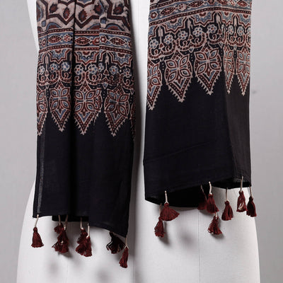 Black - Ajrakh Block Printed Mul Cotton Stole with Tassels
