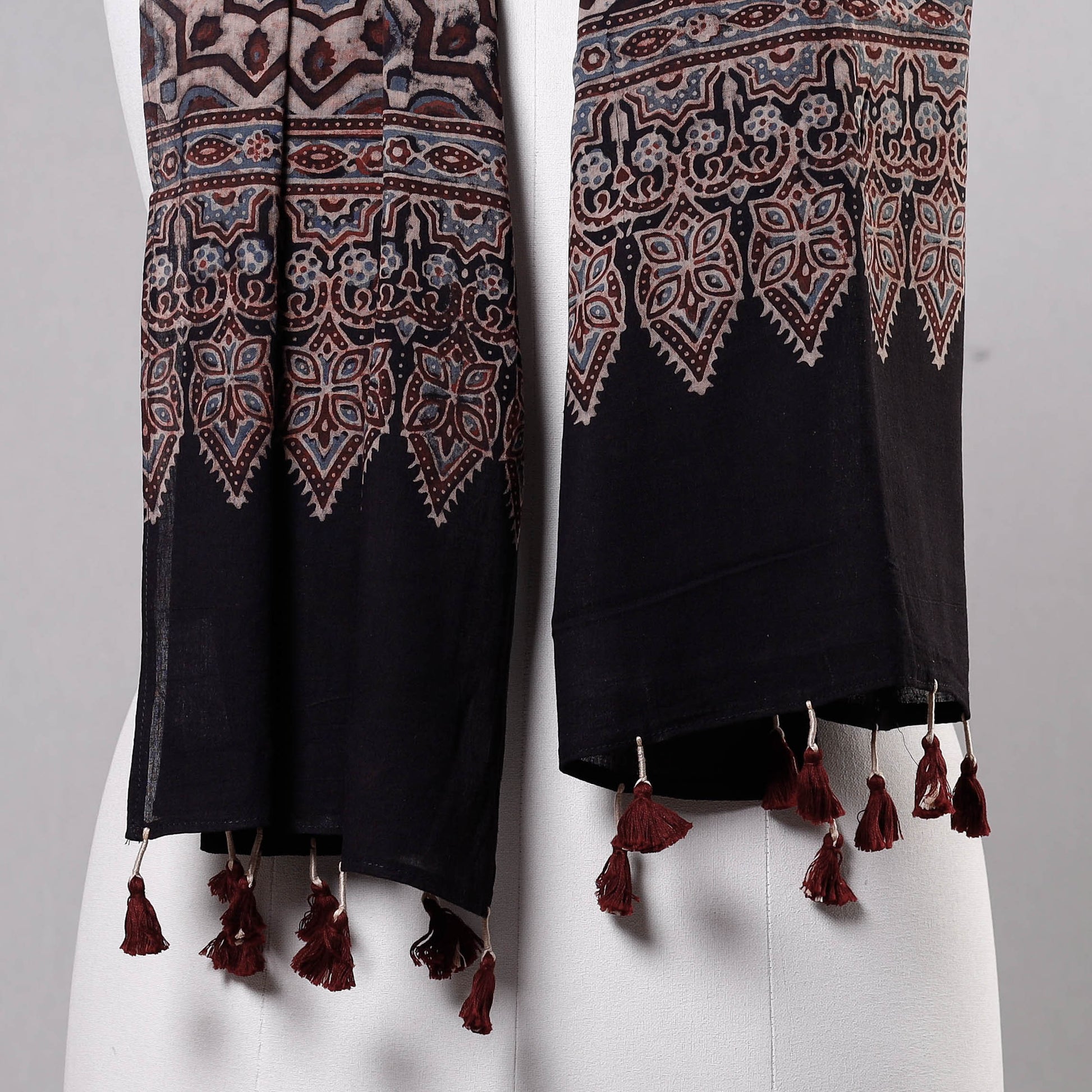 Black - Ajrakh Block Printed Mul Cotton Stole with Tassels