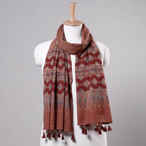 Brown - Ajrakh Block Printed Mul Cotton Stole with Tassels