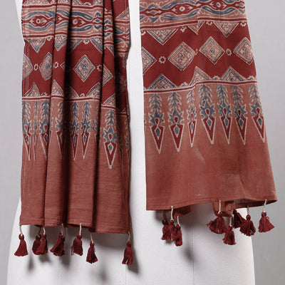 Brown - Ajrakh Block Printed Mul Cotton Stole with Tassels