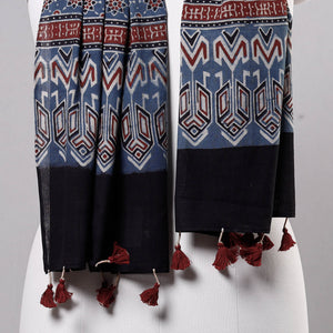 Blue - Ajrakh Block Printed Mul Cotton Stole with Tassels