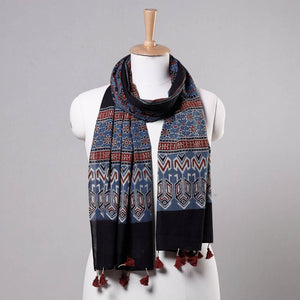 Blue - Ajrakh Block Printed Mul Cotton Stole with Tassels