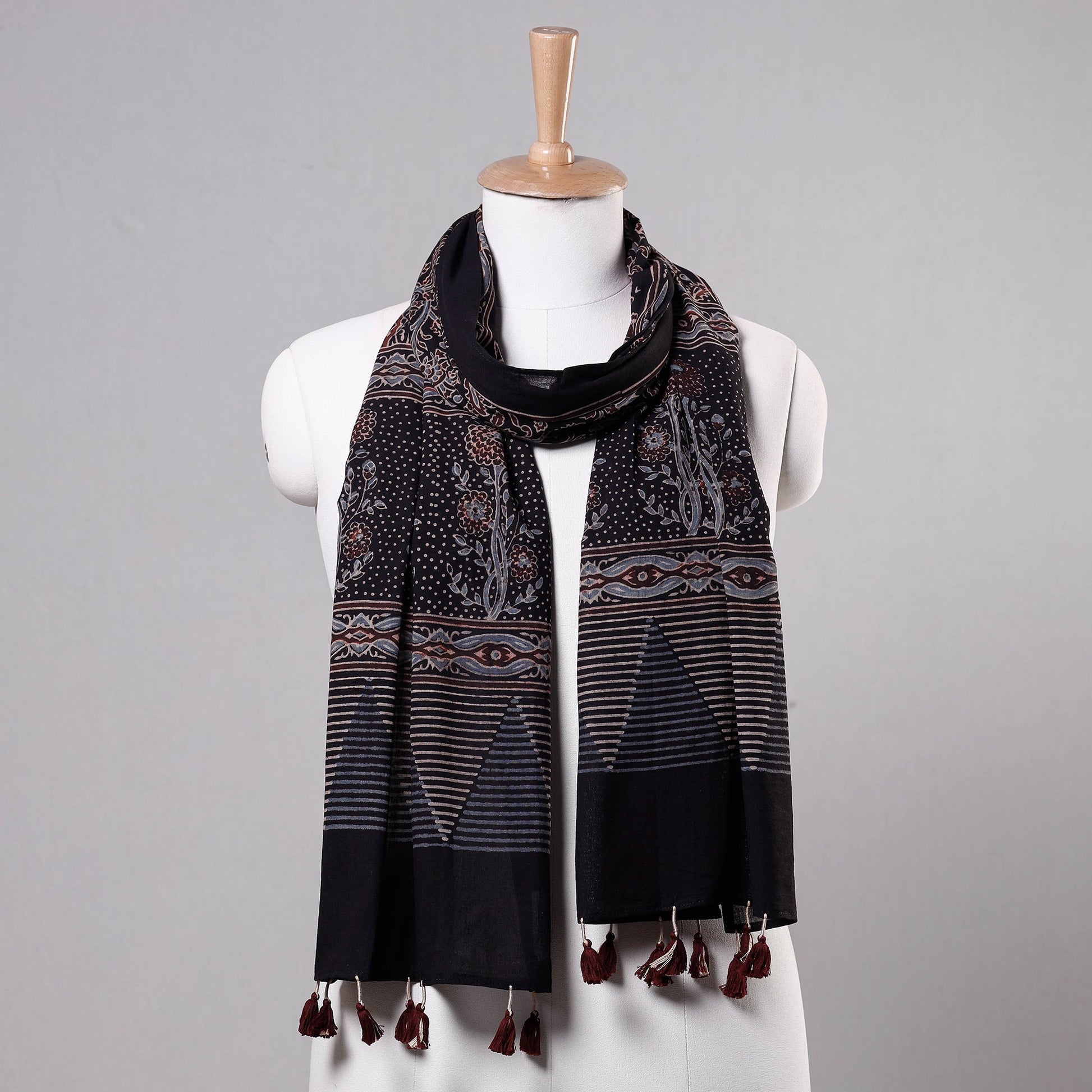 Black - Ajrakh Block Printed Mul Cotton Stole with Tassels