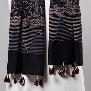 Black - Ajrakh Block Printed Mul Cotton Stole with Tassels