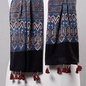 Blue - Ajrakh Block Printed Mul Cotton Stole with Tassels