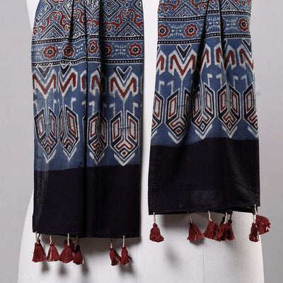 Blue - Ajrakh Block Printed Mul Cotton Stole with Tassels