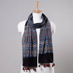 Blue - Ajrakh Block Printed Mul Cotton Stole with Tassels